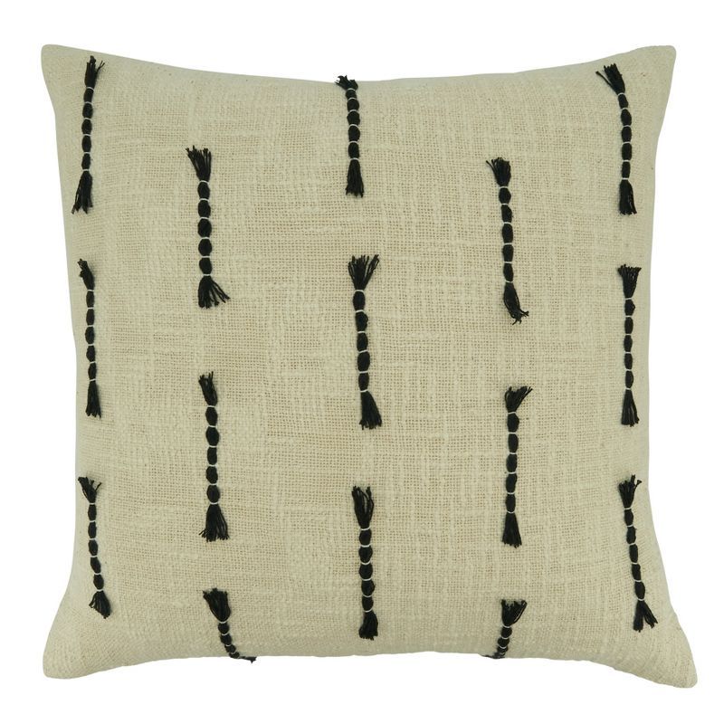 Beige Cotton Throw Pillow with Black Frayed Stitch Design