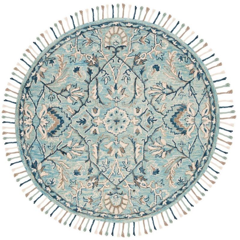 Blue Floral Round Hand Tufted Wool Area Rug