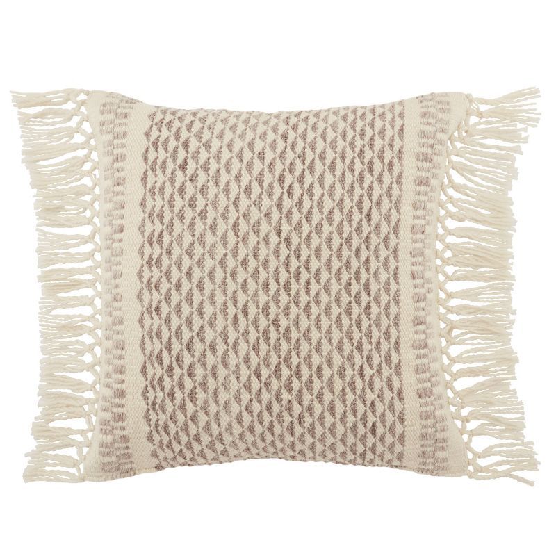 Taupe and Ivory Geometric Polyester Throw Pillow with Tassels