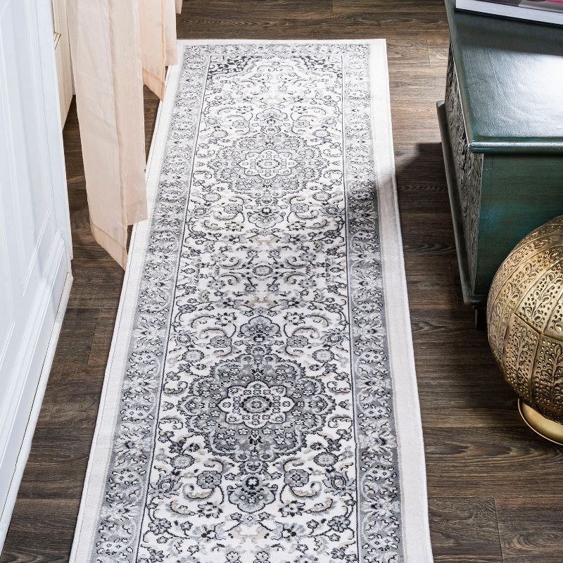 Modern Persian-Style Medallion 2'x10' Area Rug in Gray and Cream