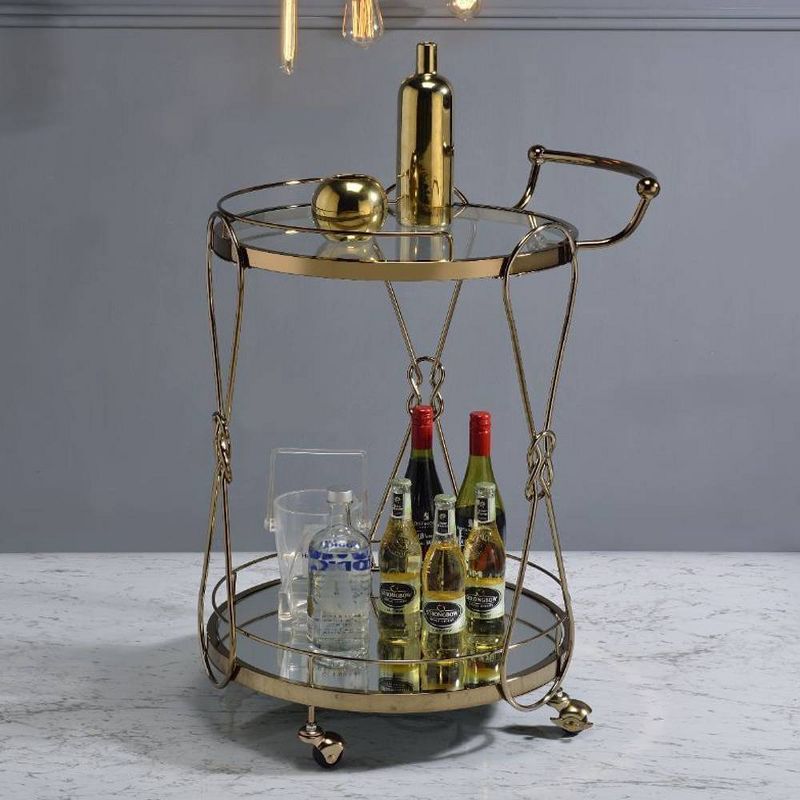 Chic Champagne Round Serving Cart with Glass Shelves and Locking Casters