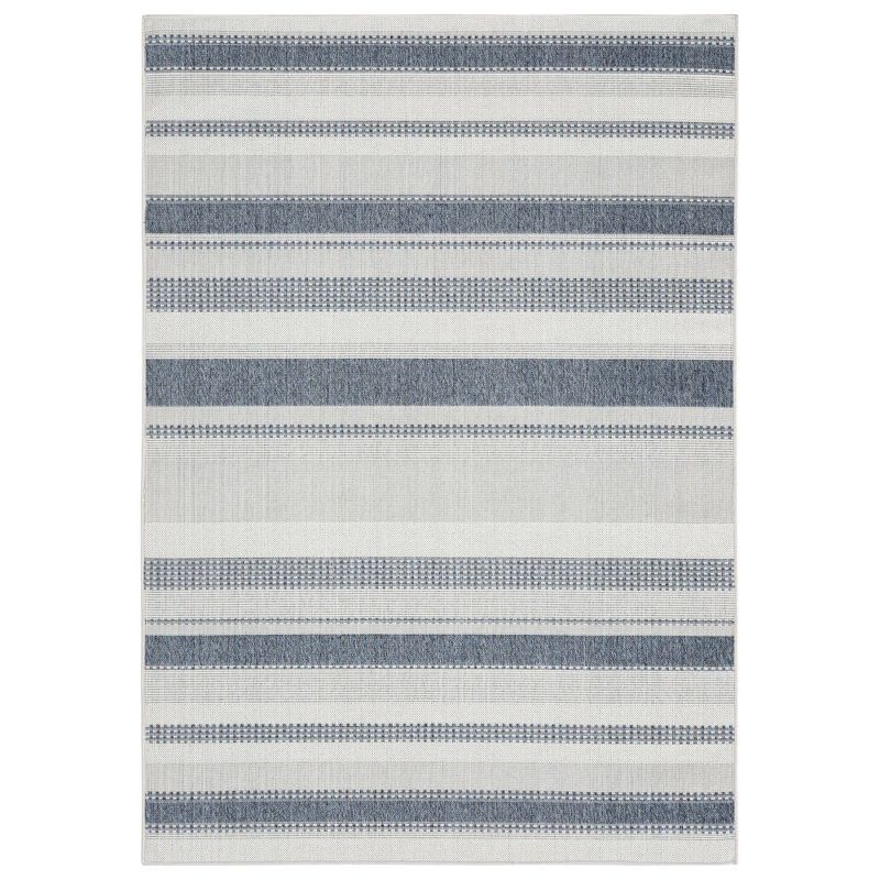 Dark Blue and Cream Striped Synthetic 8' x 10' Indoor/Outdoor Rug