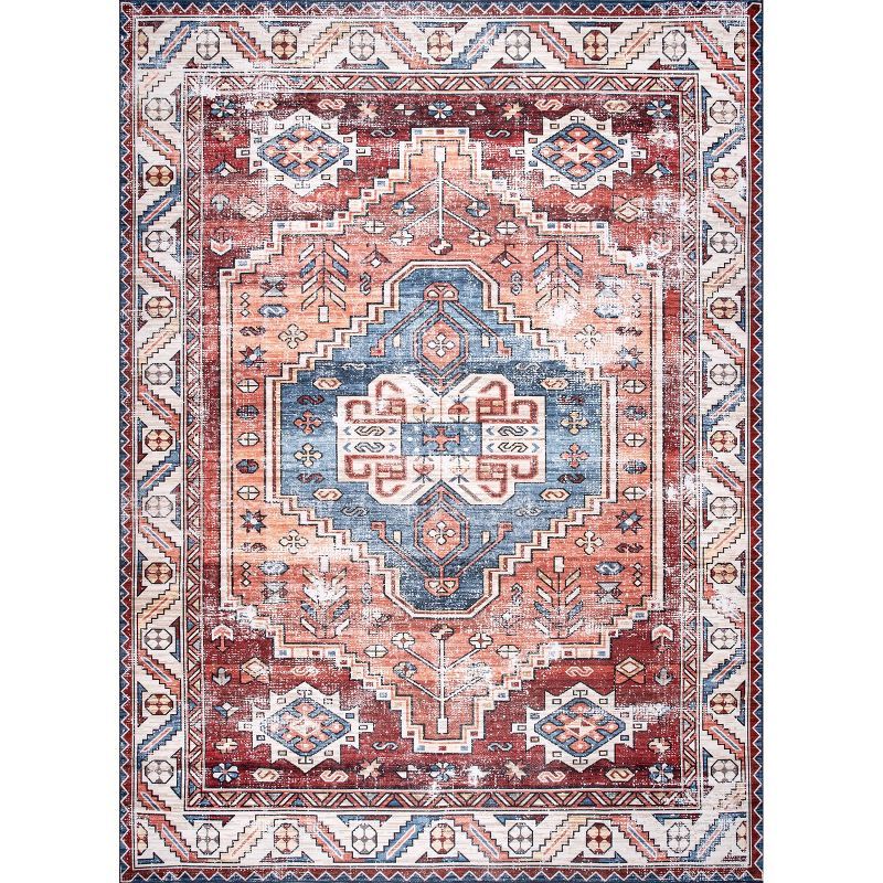 Blue Rectangular Synthetic Medallion Washable Area Rug