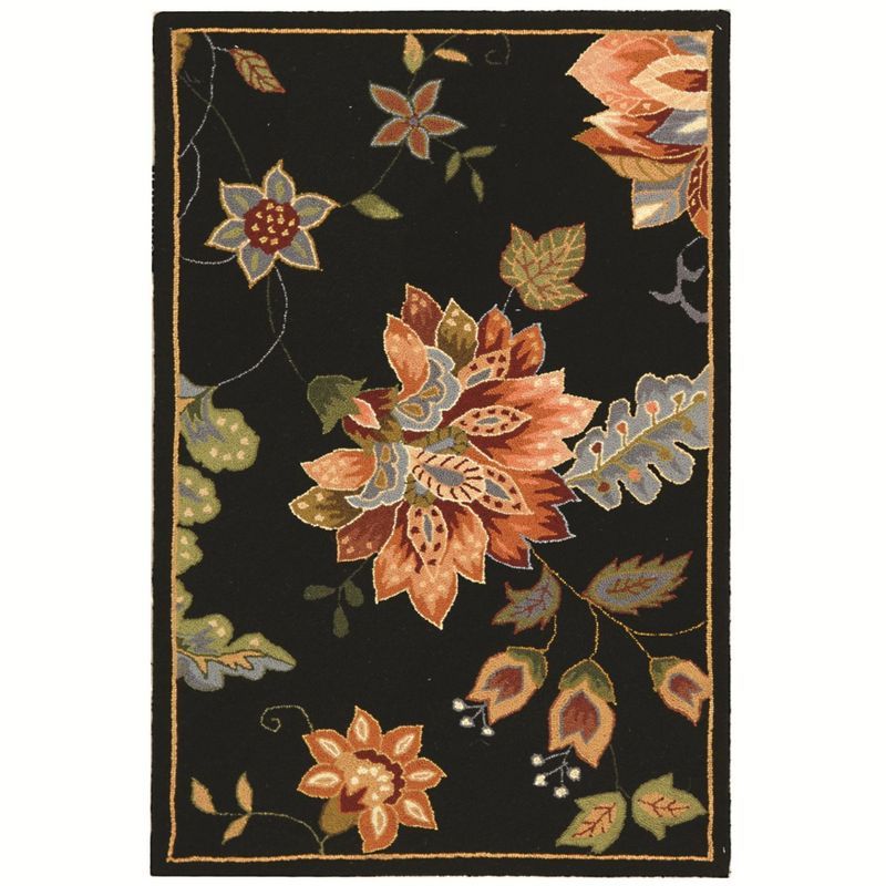 Elegant Floral Black Wool Hand-Knotted Area Rug - 2'9" x 4'9"