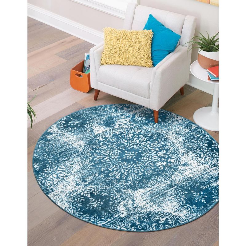 Reversible Blue Floral Synthetic 7' Round Area Rug