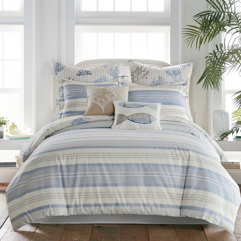 Twin Blue and Taupe Cotton Coastal Bedspread Cover Set