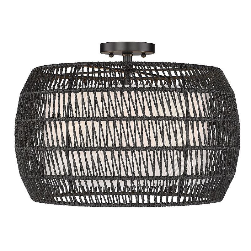 Everly Matte Black 19" Drum Semi-Flush Light with Modern Black Rattan Shade