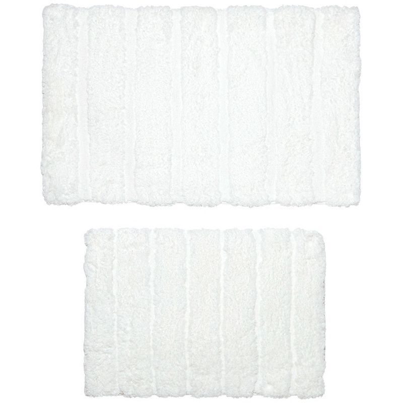 White Plush Stripe Non-Slip Machine Washable Bath Rug Set