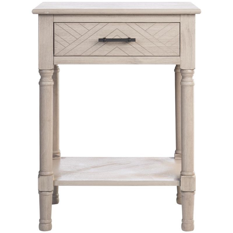Greige Pine Wood Rectangular Storage End Table with Drawer