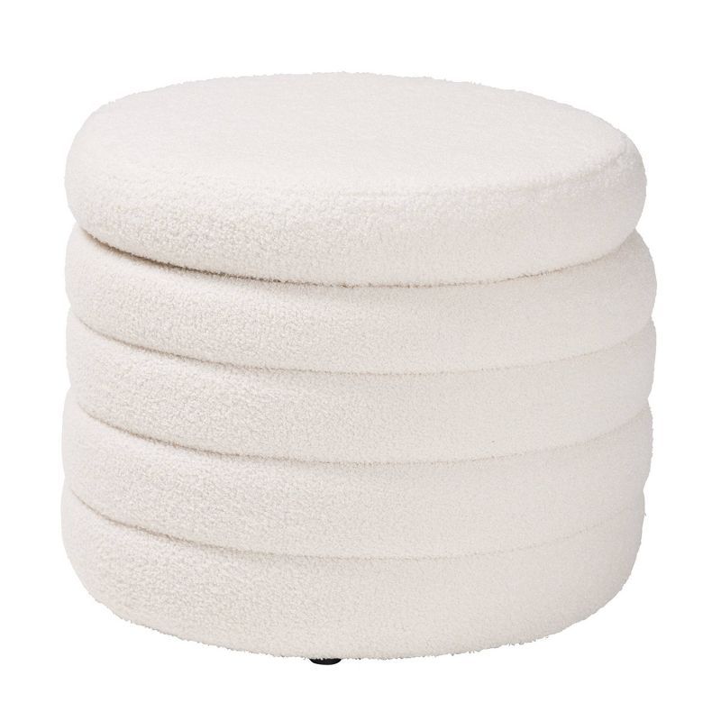 Ivory Boucle Round Storage Ottoman with Tufted Design