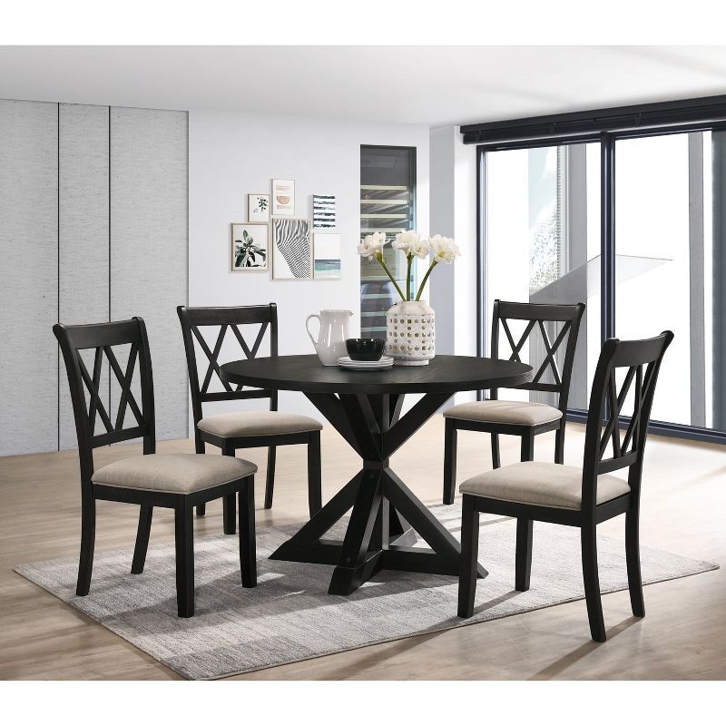 Windvale Black Cross-Buck Wood 5-Piece Dining Set with Upholstered Chairs