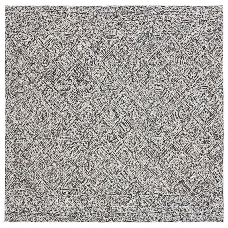 Handmade Black and Ivory Geometric Wool Area Rug, 6' Square