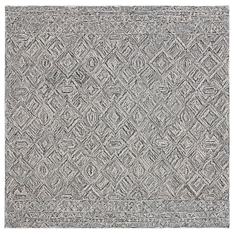 Handmade Black and Ivory Geometric Wool Area Rug, 6' Square