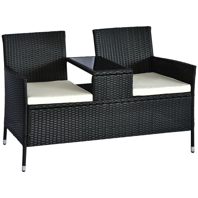 Black PE Rattan 2-Seater Loveseat with Cushions and Glass Table