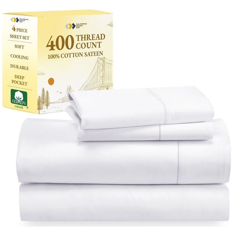 White Full Size 400 Thread Count Cotton Sateen Sheet Set