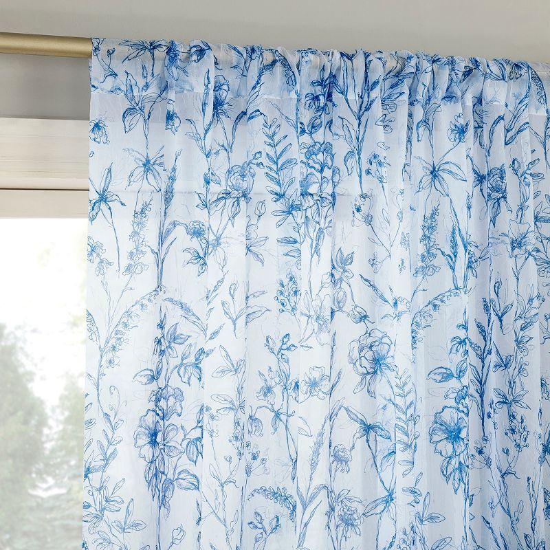 Chinoiserie Blue Floral Sheer Rod Pocket Curtain Panel 51" x 63"