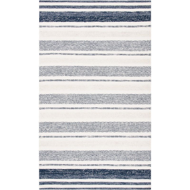 Ivory and Navy Striped Wool Kilim Area Rug