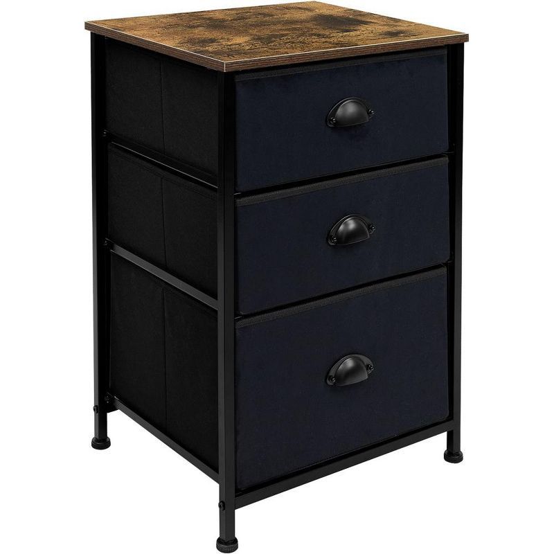 Industrial Black 3-Drawer Steel Nightstand with Medium Wood Top