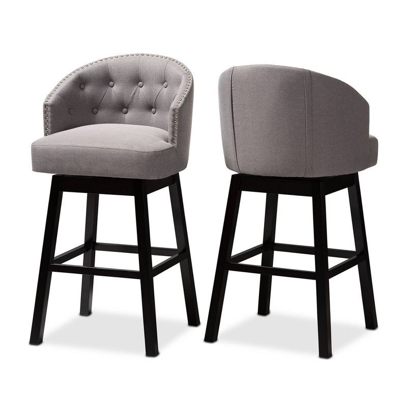 Elegant Theron Dark Brown Wood & Gray Leather Swivel Bar Stool Set