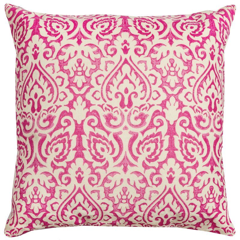 Pink and Natural Damask 22" Square Cotton Throw Pillow