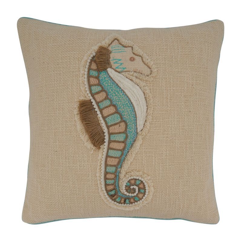 Aqua Embroidered Sea Horse Cotton Square Pillow