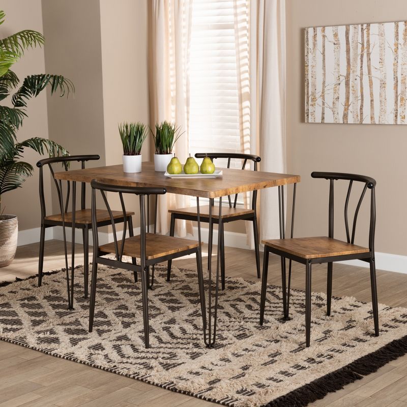 Natural Brown Wood and Dark Bronze Metal 5-Piece Dining Set