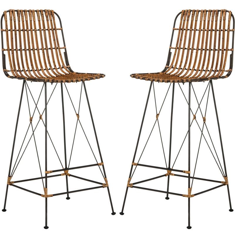 Luxuriant 43'' Natural Brown & Black Metal Wicker Bar Stool - Set of 2
