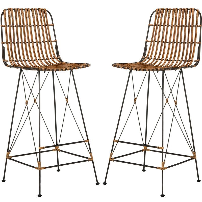 Luxuriant 43'' Natural Brown & Black Metal Wicker Bar Stool - Set of 2