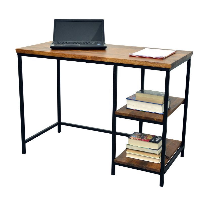 Chestnut Brown Mango Wood and Black Metal Desk with Shelves