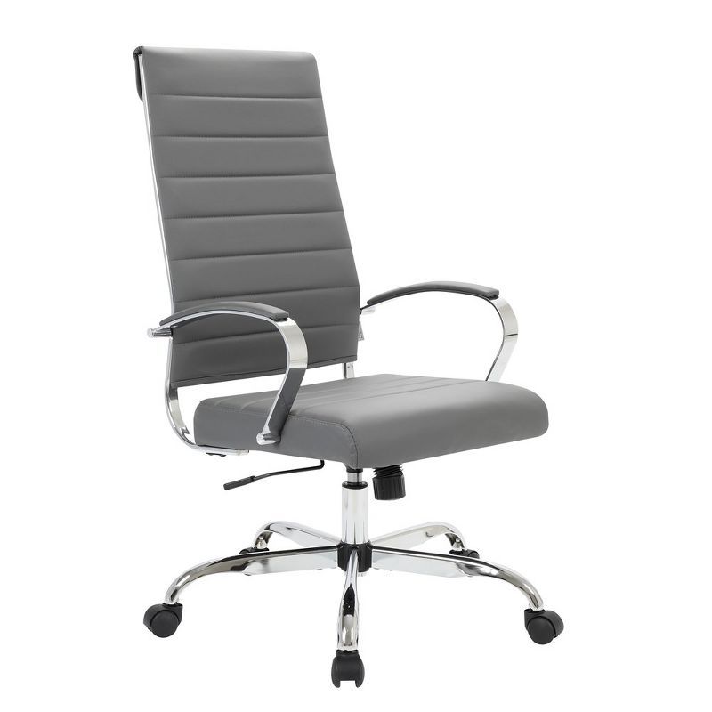 Luxury Gray Leather High-Back Swivel Office Chair with Metal Base