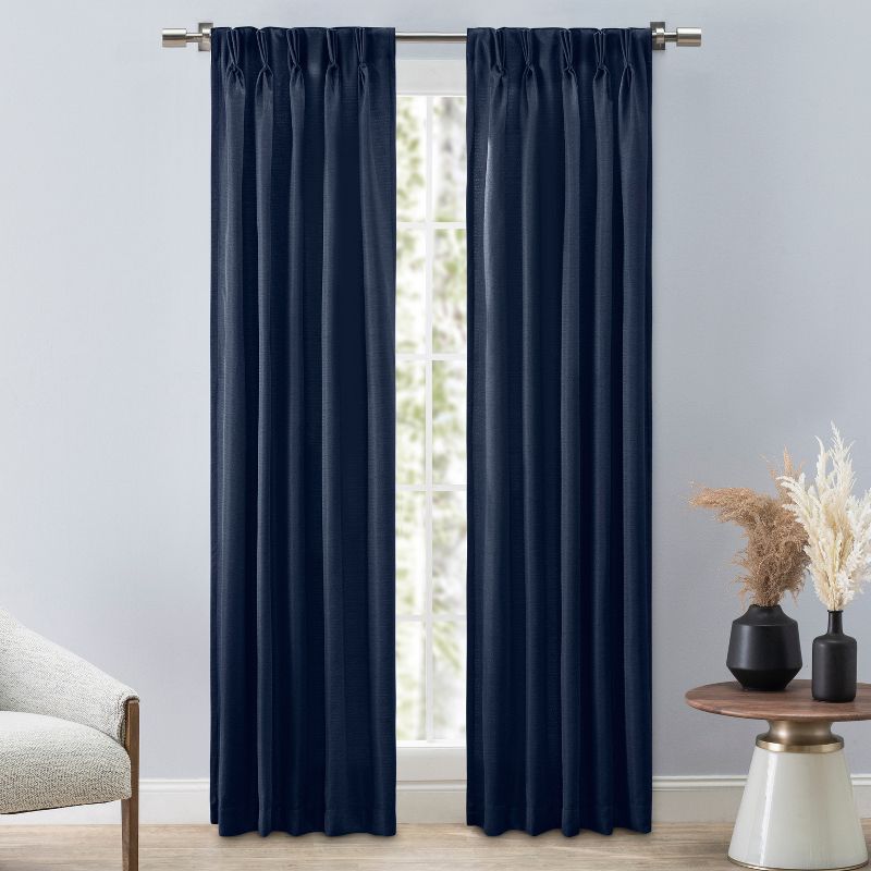 Navy Blue Polyester Pinch Pleated Room Darkening Curtains