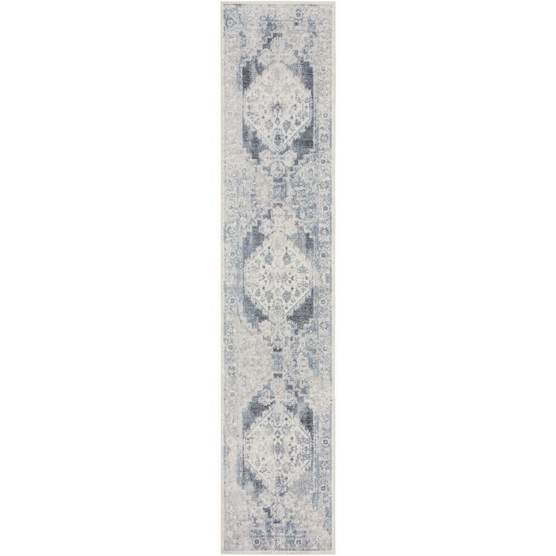 Blue Ivory Synthetic Medallion Runner Rug 2'2" x 10'