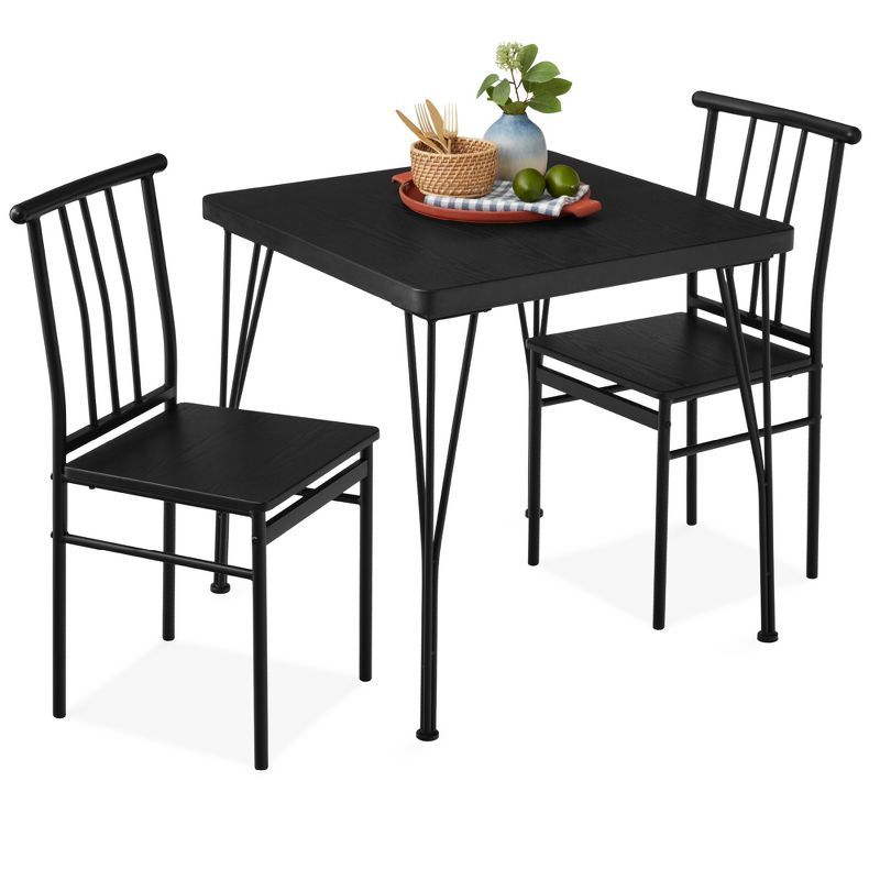 Black Metal and Wood 3-Piece Square Dining Set with Slat Back Chairs