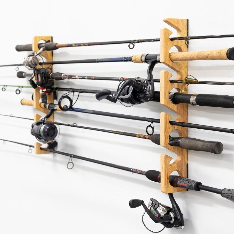 Solid Wood Wall-Mounted Fishing Rod Storage Rack for 8 Rods