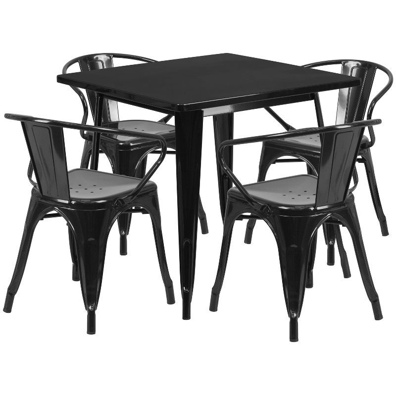 Black Metal 31.5" Square Indoor-Outdoor Dining Set with 4 Arm Chairs