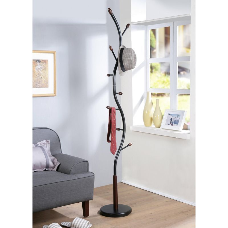 Arles Black and Walnut Metal Standing Coat Rack with Branch Design