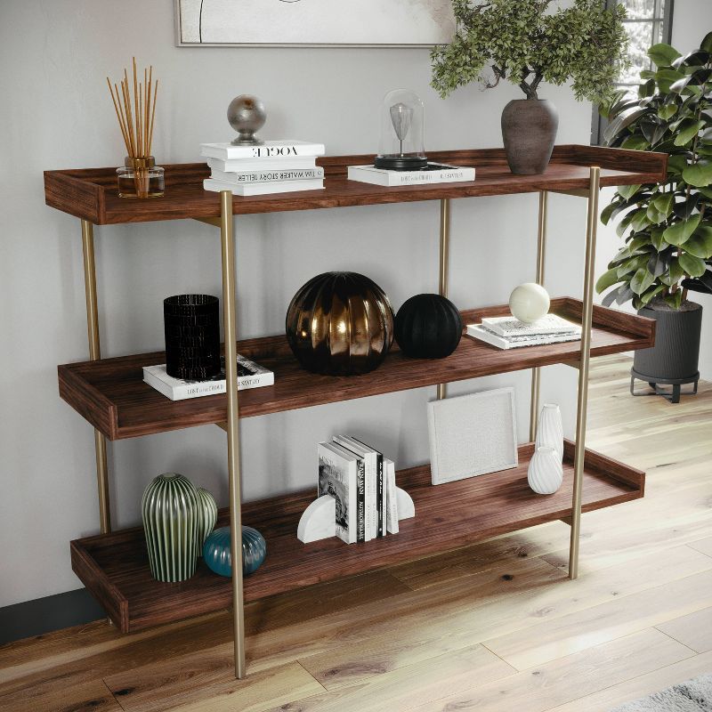 Walnut Wood Grain 3-Shelf Bookcase with Polished Brass Frame