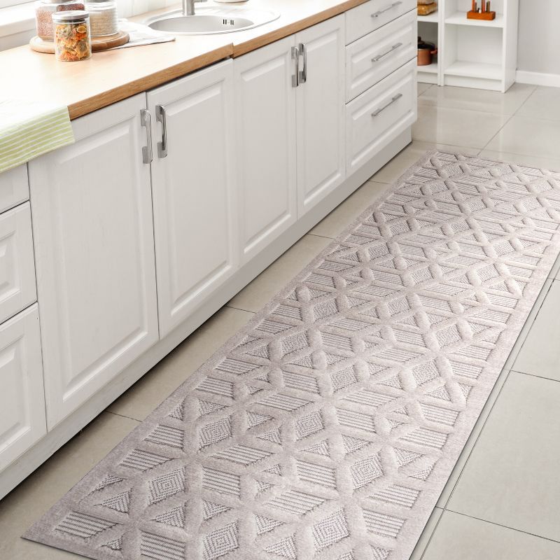 Ivory Geometric Washable Indoor/Outdoor Runner Rug