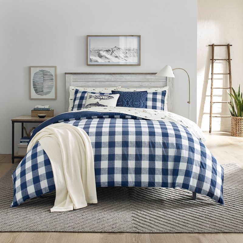 Twin Blue and White Plaid Cotton Duvet Cover Set