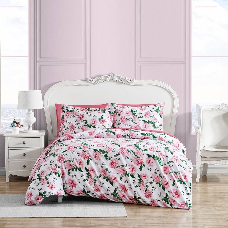 Blooming Roses Pink Floral Full/Queen Duvet Cover Set