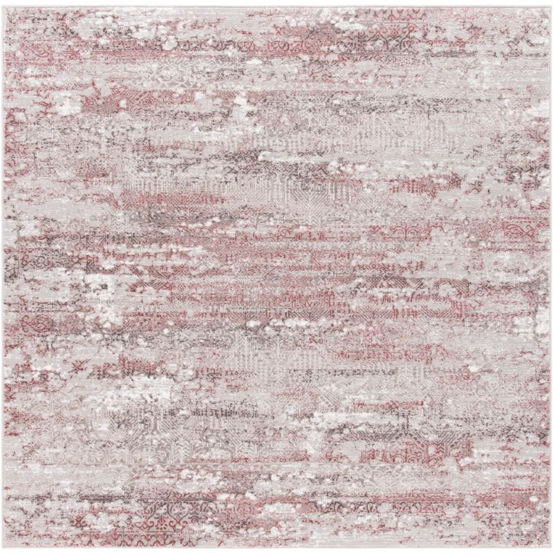 Beige and Pink 5' Square Synthetic Flat Woven Rug