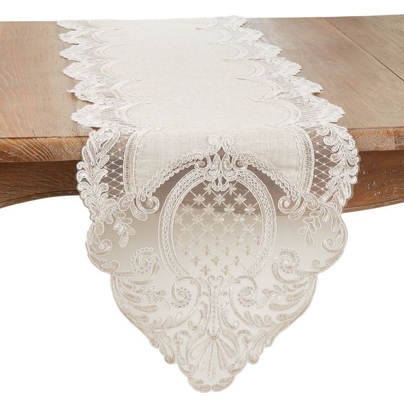 Elegant Beige Embroidered Lace Table Runner