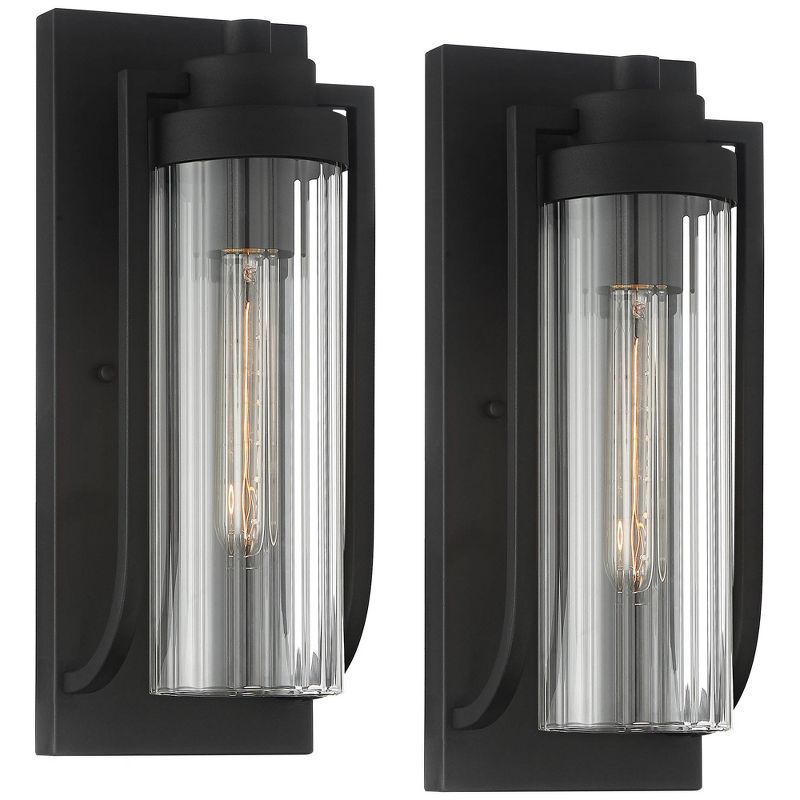 Bogota 15.5" Textured Black Outdoor Wall Lights with Clear Ribbed Glass - Set of 2