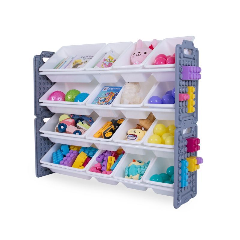 Gray and White Multi-Bin Toy Organizer with Play Panel