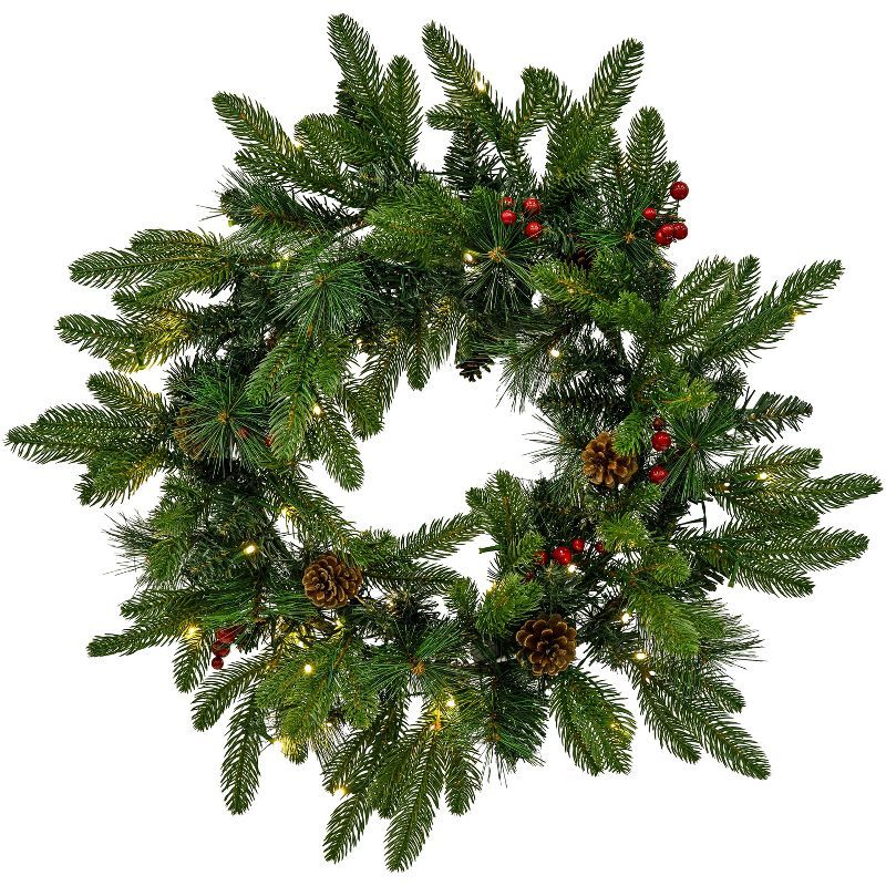 24" Green Pre-Lit Artificial Christmas Wreath with Pinecones and Berries