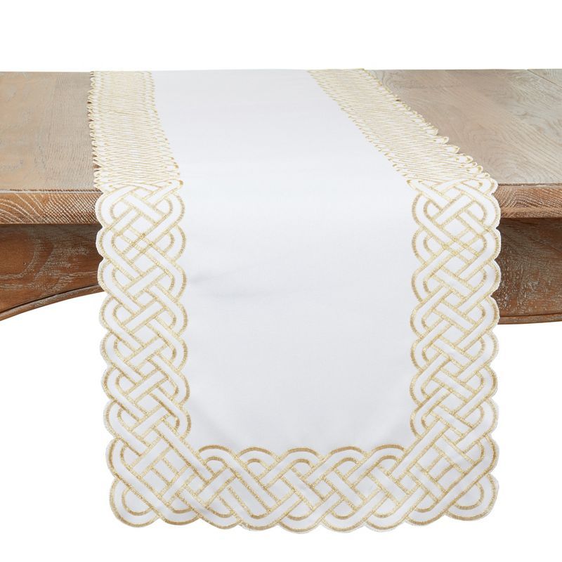 White and Gold Polyester Embroidered Table Runner