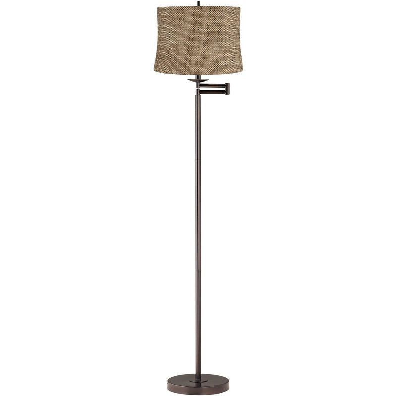 Bronze Adjustable Swing Arm Floor Lamp with Burlap Shade