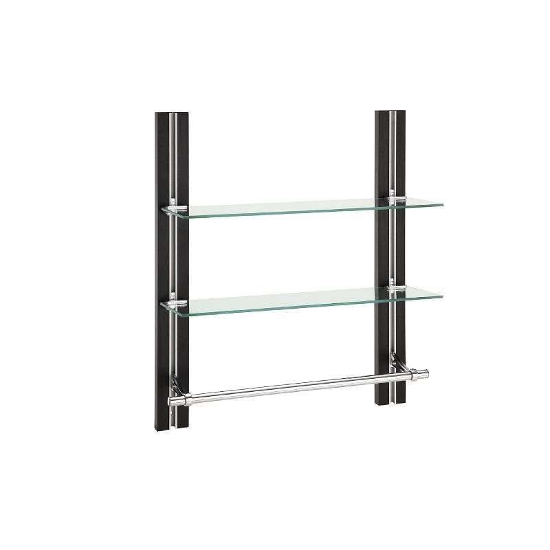 Dark Wood and Glass 2-Tier Bathroom Shelf with Chrome Towel Bar