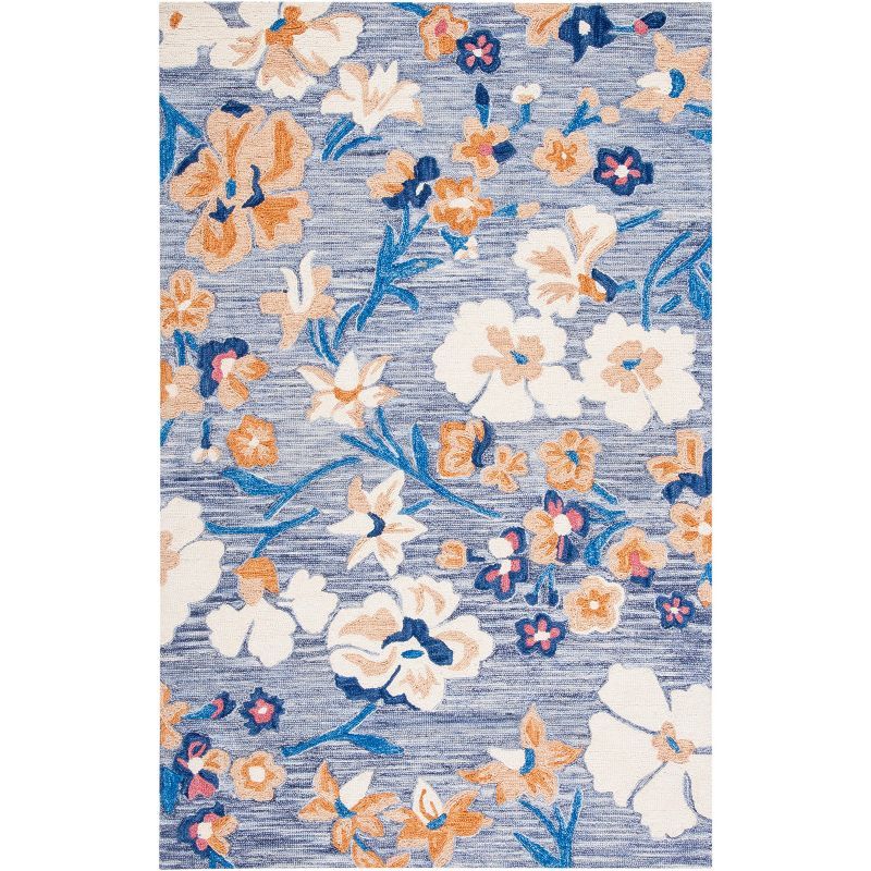 Ivory and Blue Floral Handmade Wool Tufted Rug, 4' x 6'