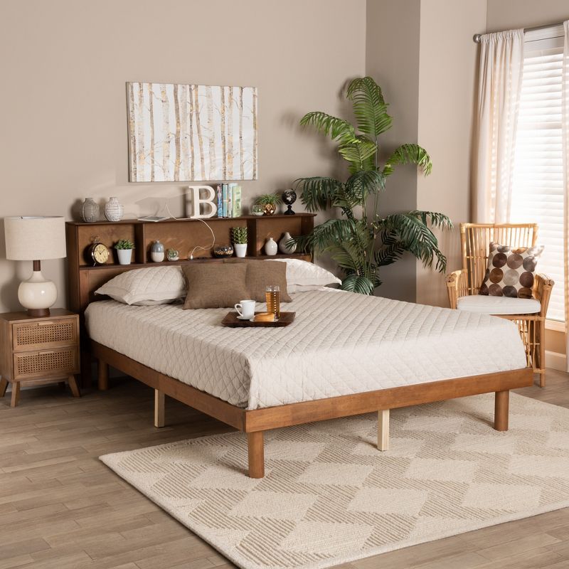 Walnut Brown Wood Queen Platform Bed with Tufted Upholstered Headboard